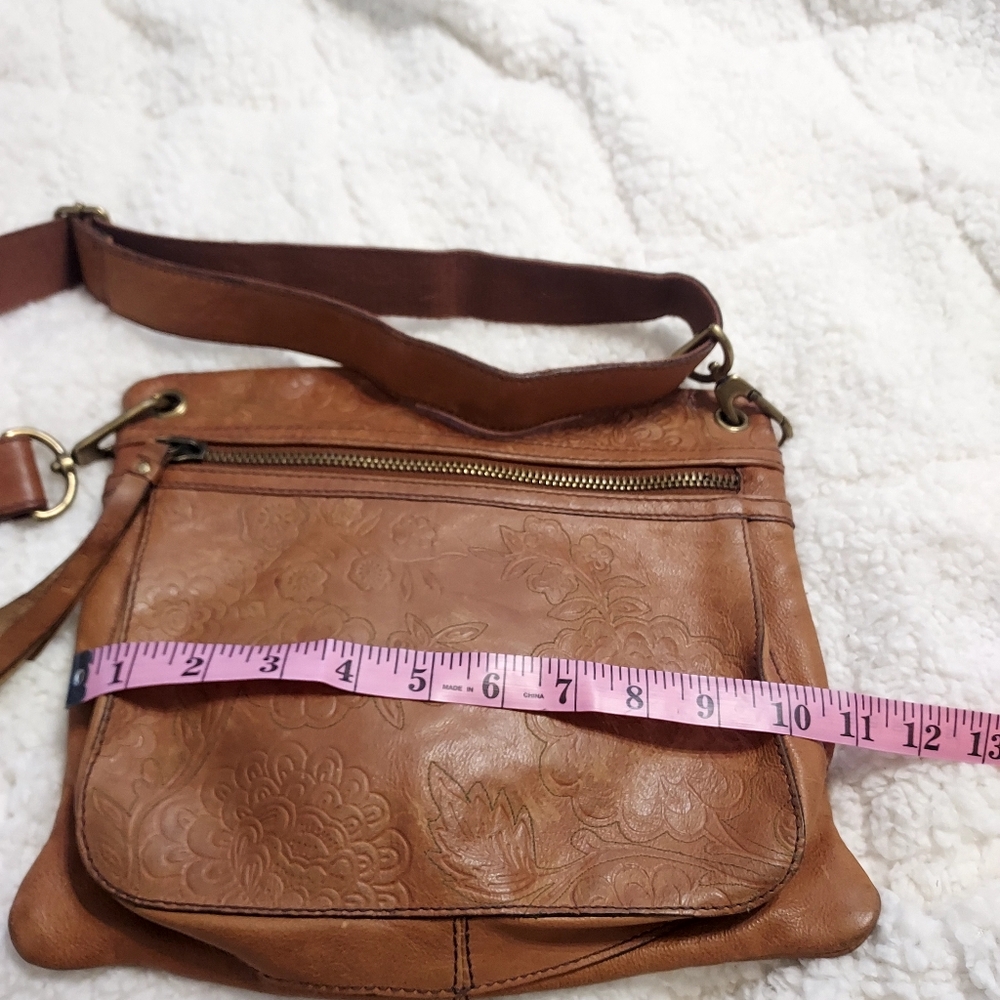 Fossil Sasha Floral Tooled Stitched British Tan Leather Crossbody Bag Boho - Picture 13 of 16